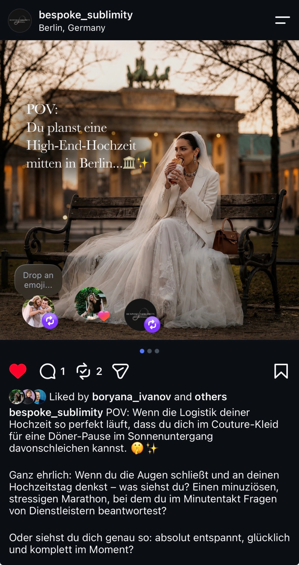 Instagram-Beitrag von Bespoke Sublimity mit einer Braut vor dem Brandenburger Tor