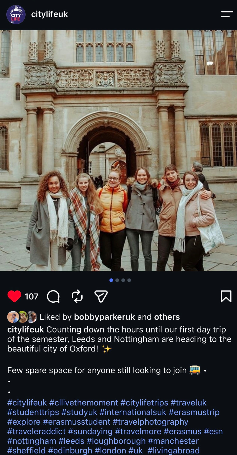 Instagram-Beitrag von Citylife UK mit einer Studentengruppe bei einem Tagesausflug in Oxford