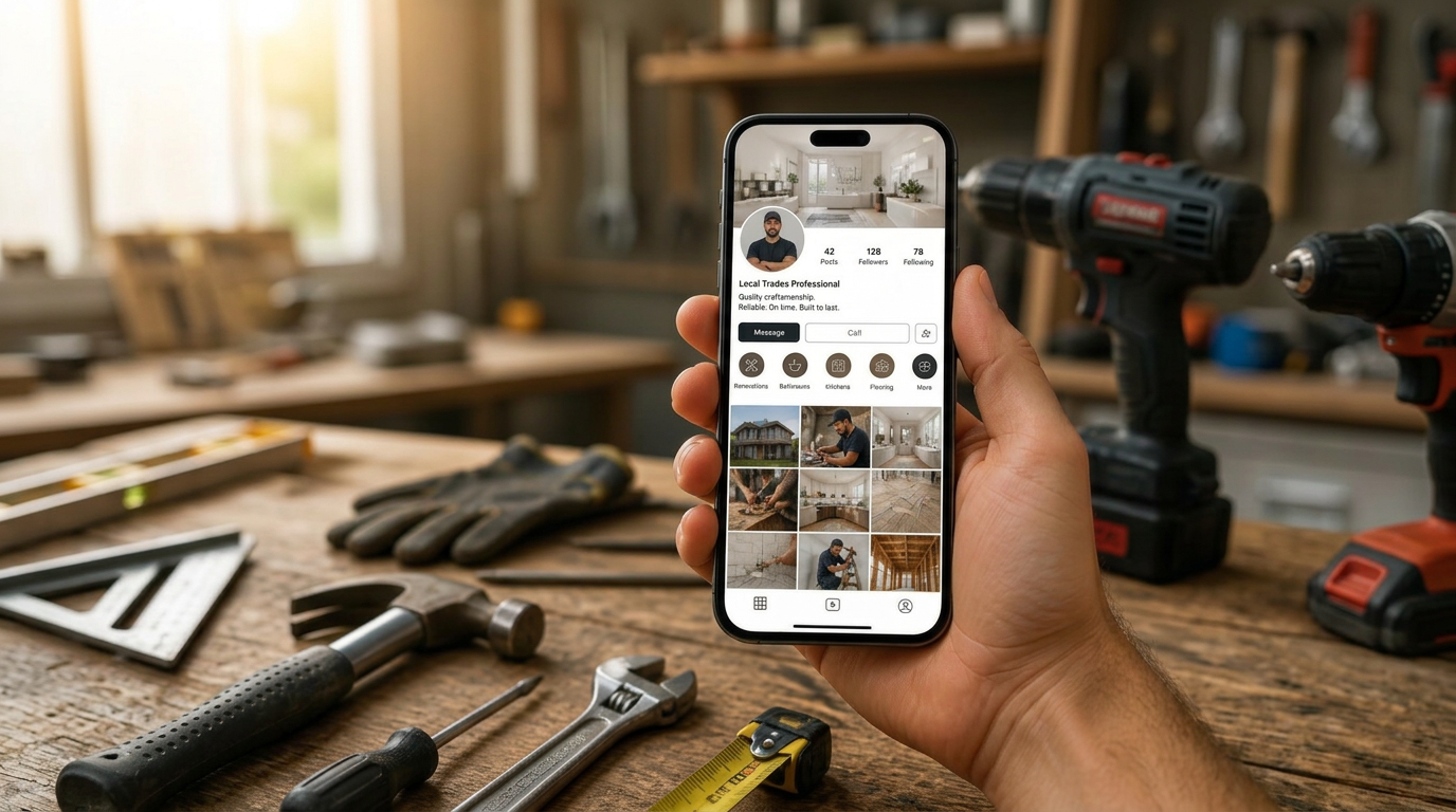 Handwerker hält ein Smartphone mit professionellem Instagram-Profil in der Werkstatt