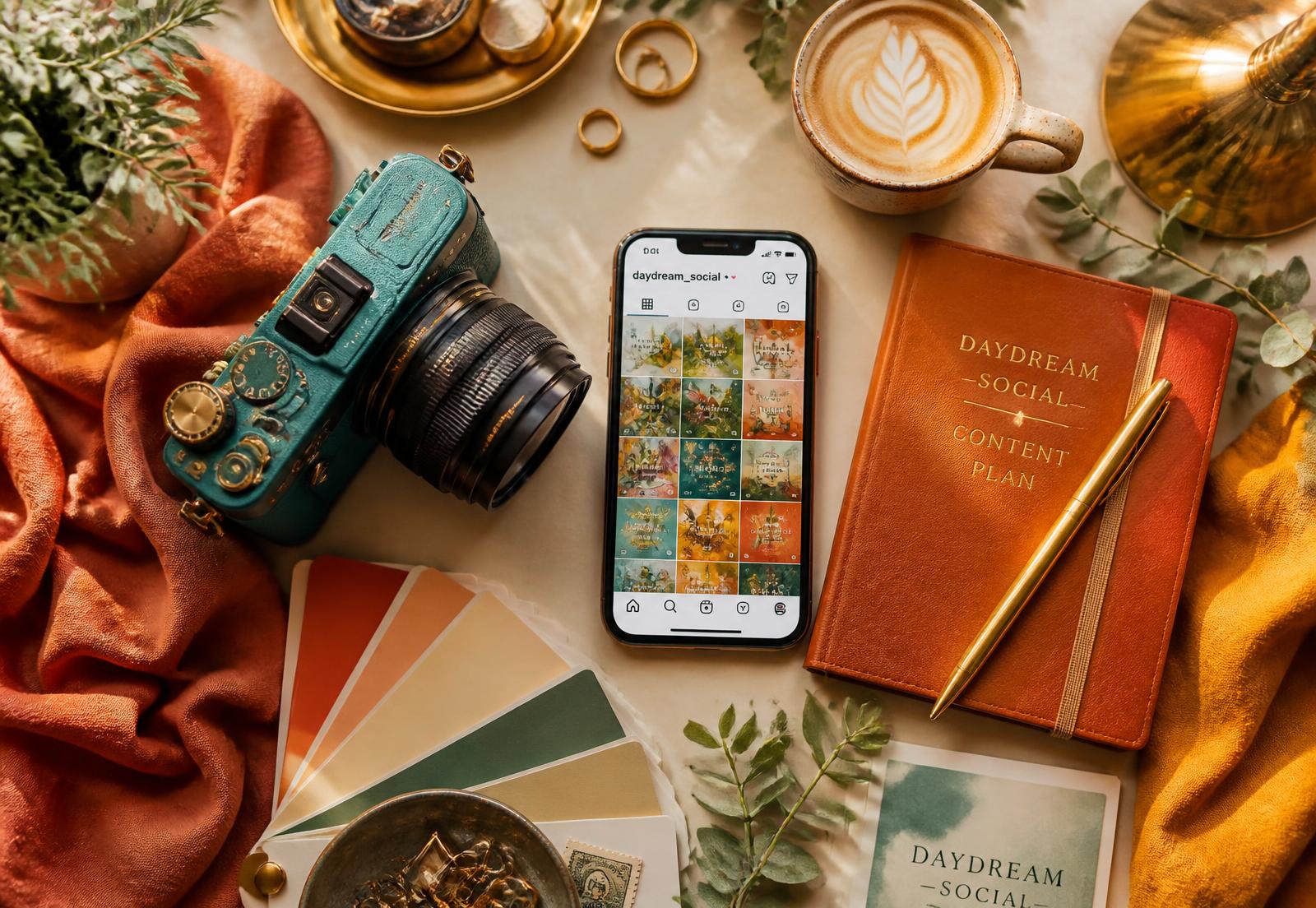 Arbeitsplatz einer Social-Media-Agentur mit Kamera, Smartphone und Notizbuch
